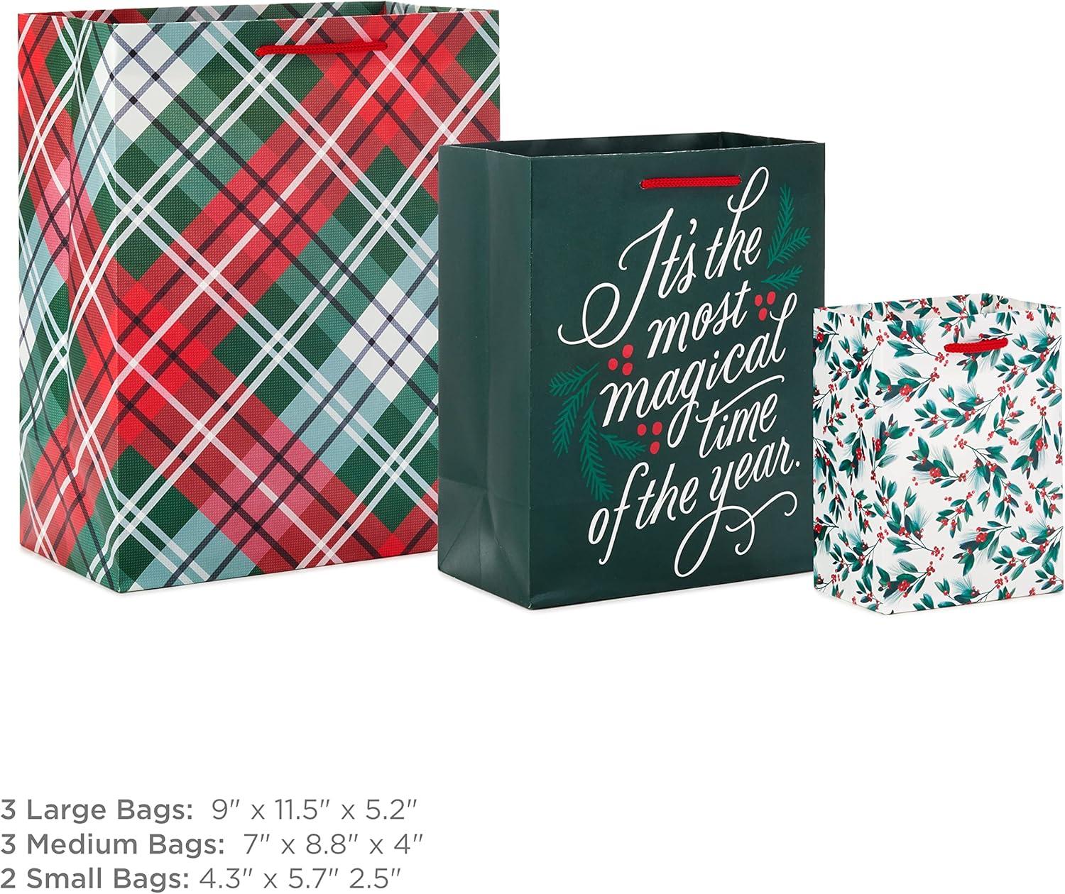 image:imageHallmark Assorted Christmas Gift Bag Bundle 8 Bags 2 Small 5 3 Medium 8 3 Large 11 Classic Santa Black and Red Plaid Snowflakes Holly