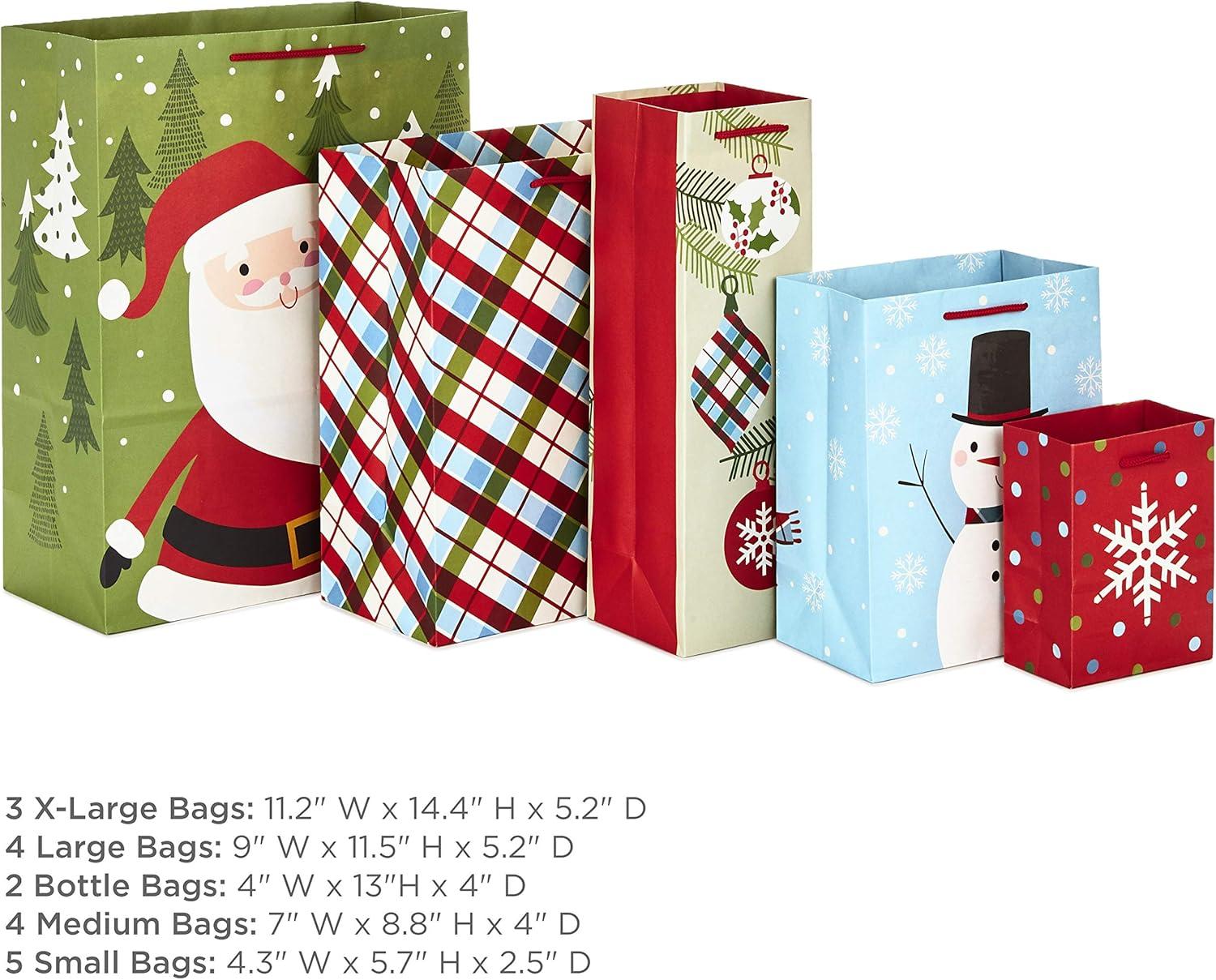 image:imageHallmark Bulk Christmas Gift Bags Assorted Sizes 18 Gift Bags 5 Small 5 4 Medium 8 4 Large 11 3 XL 14 2 Bottle Bags Santa Snowman Plaid Snowflake Bottle Bags