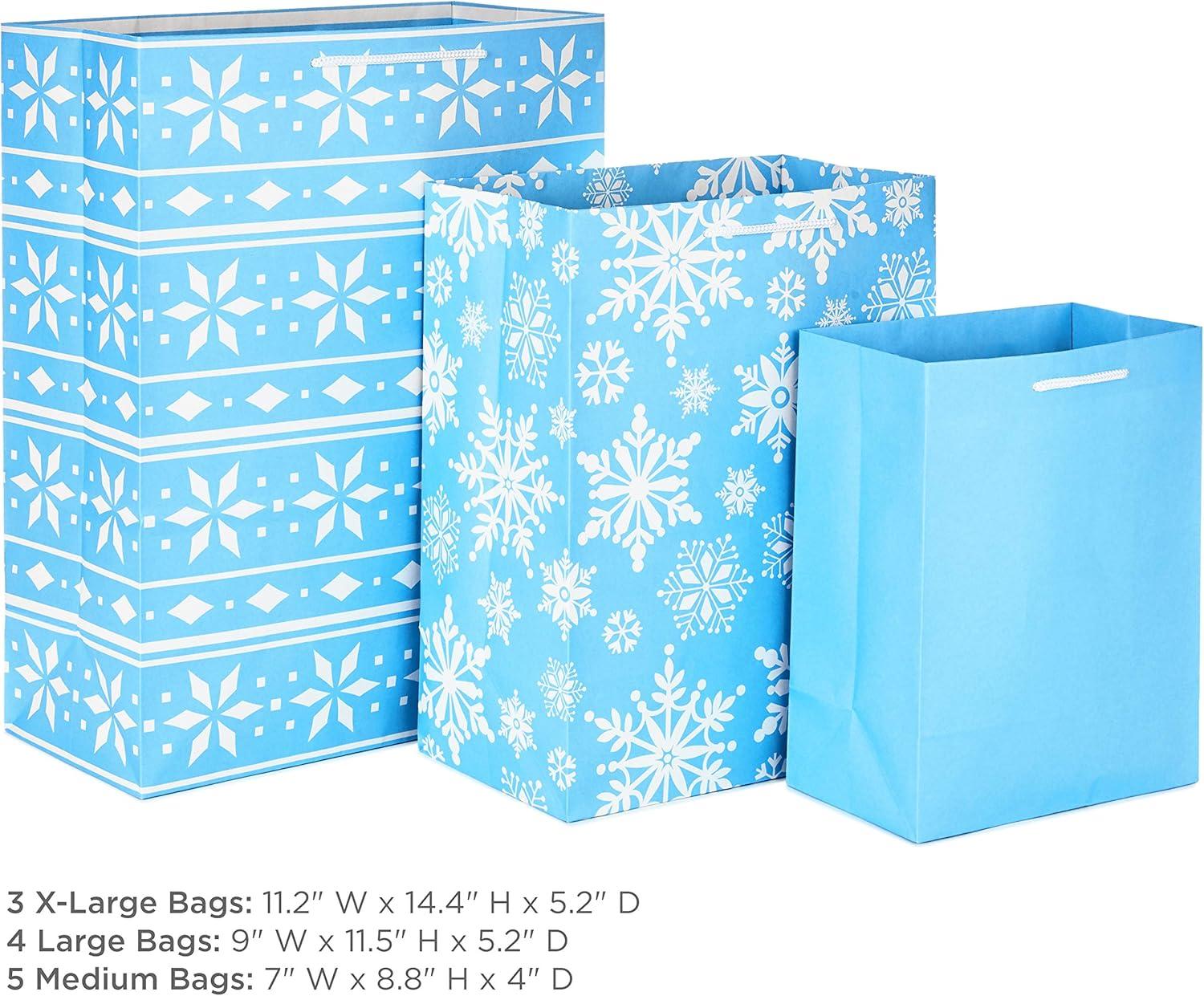image:imageHallmark Christmas Gift Bags Assorted Sizes 12 Bags 5 Medium 8 4 Large 11 3 Extra Large 14 Red Blue Green Solids Snowflakes Stripes12 Piece Assortment