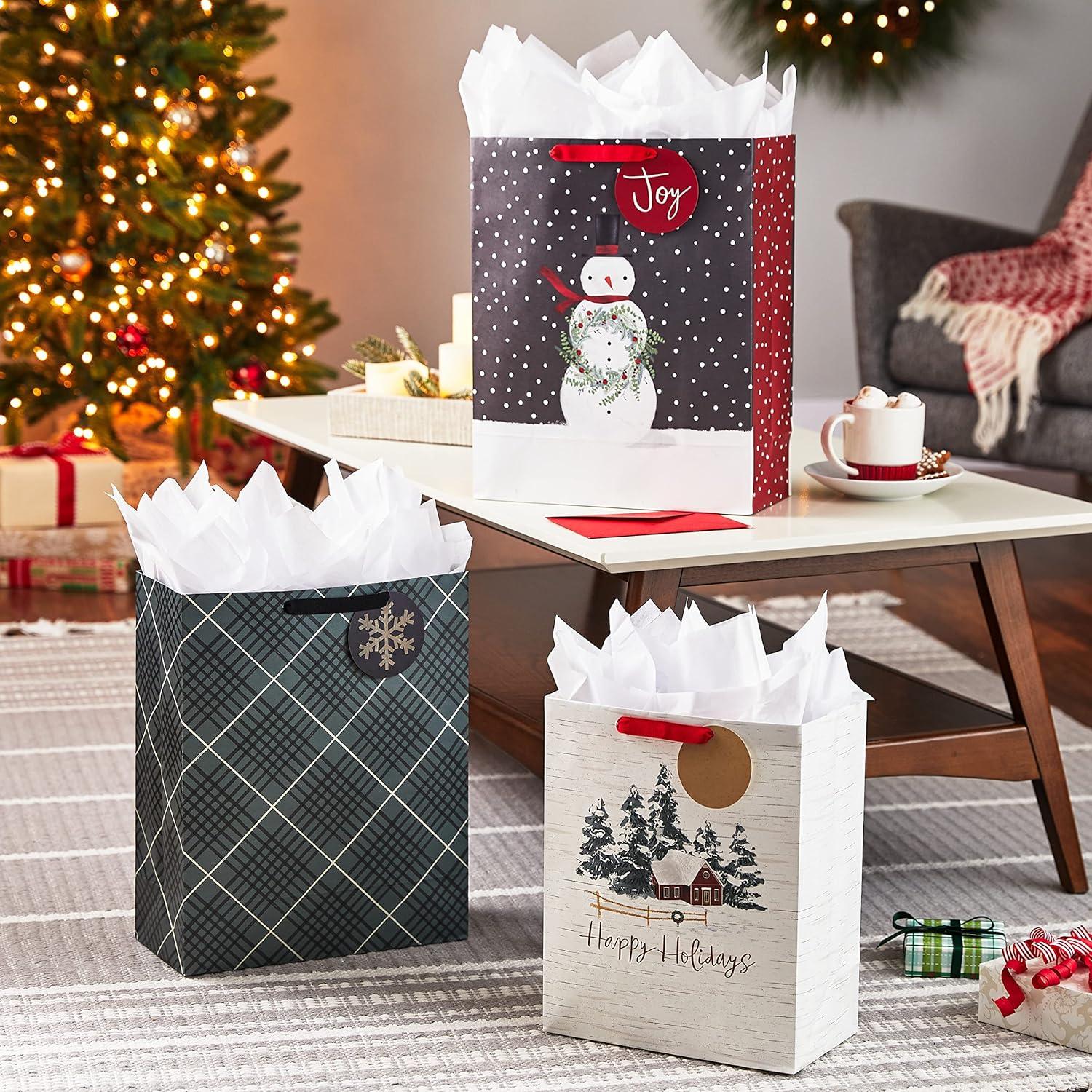 image:imageHallmark Holiday Gift Bag Bundle with Tissue Paper and Gift Tags 3 Bags 2 Extra Large 15 1 Large 13 Gray Plaid Snowy Farmhouse Rustic Snowman