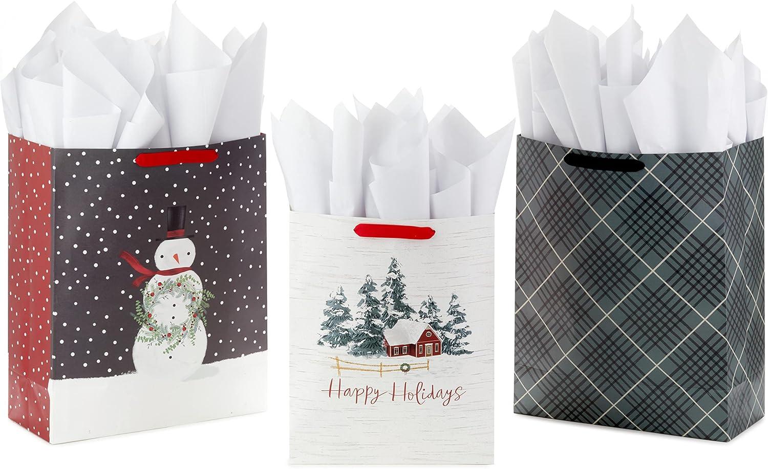 image:imageHallmark Holiday Gift Bag Bundle with Tissue Paper and Gift Tags 3 Bags 2 Extra Large 15 1 Large 13 Gray Plaid Snowy Farmhouse Rustic Snowman