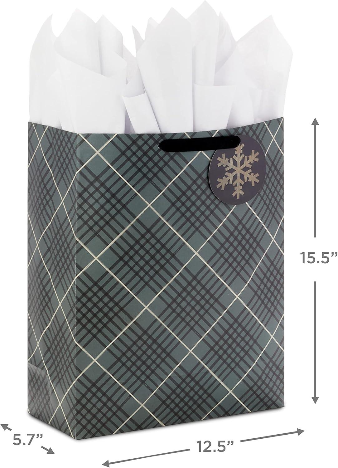 image:imageHallmark Holiday Gift Bag Bundle with Tissue Paper and Gift Tags 3 Bags 2 Extra Large 15 1 Large 13 Gray Plaid Snowy Farmhouse Rustic Snowman