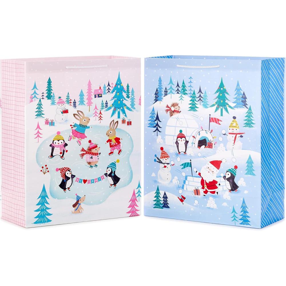 image:imageHallmark 15 Christmas Gift Bags 2 Extra Large Bags Pink and Blue Penguins Hedgehogs Santa Snowmen Dog Bunny Rabbits for Kids Grandchildren Winter Baby ShowersExtra Large