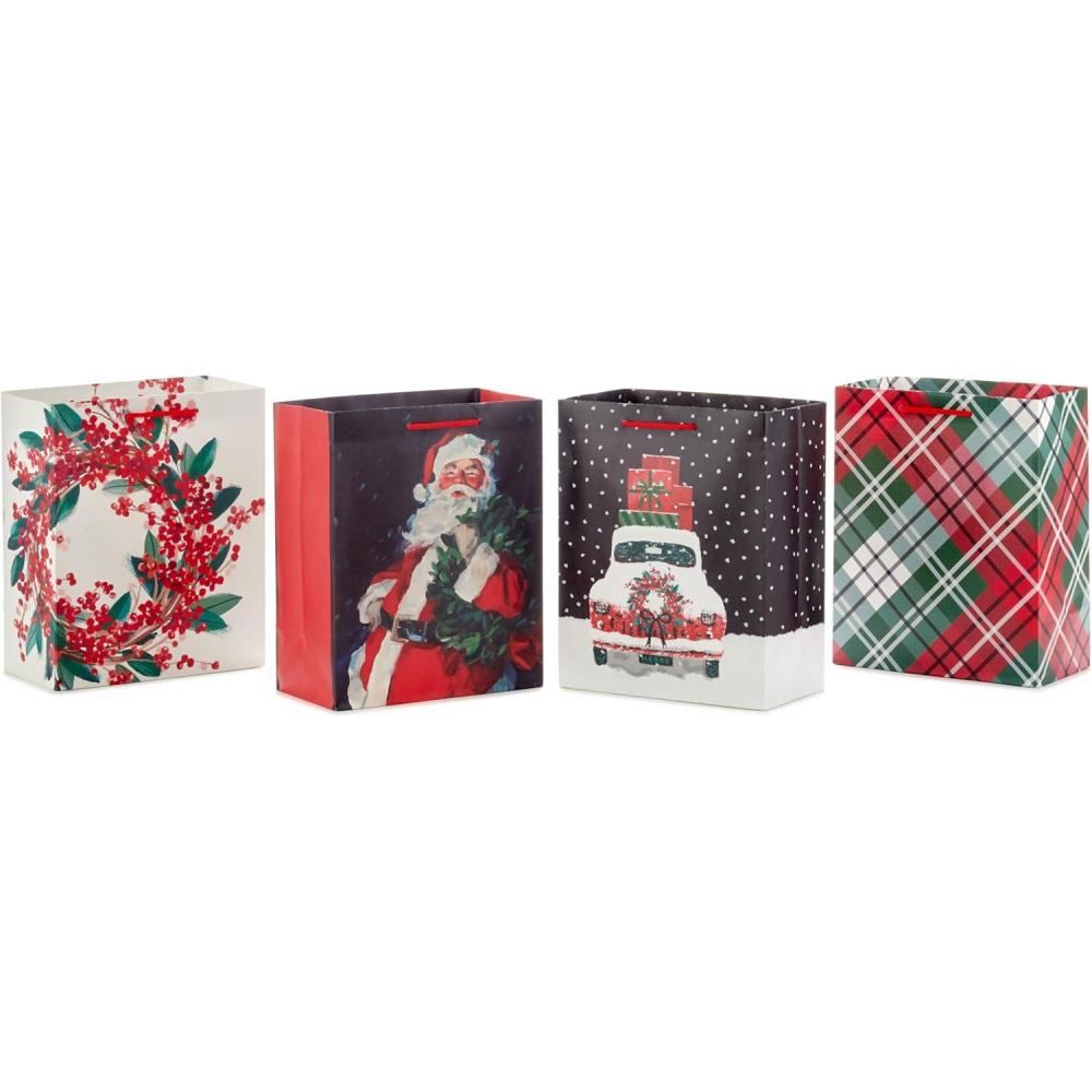 image:imageHallmark 15 Extra Large Christmas Gift Bag Set 2 Bags Classic Santa Black Red and Green Plaid for Friends Family Teachers Coworkers1 Count Pack of 4