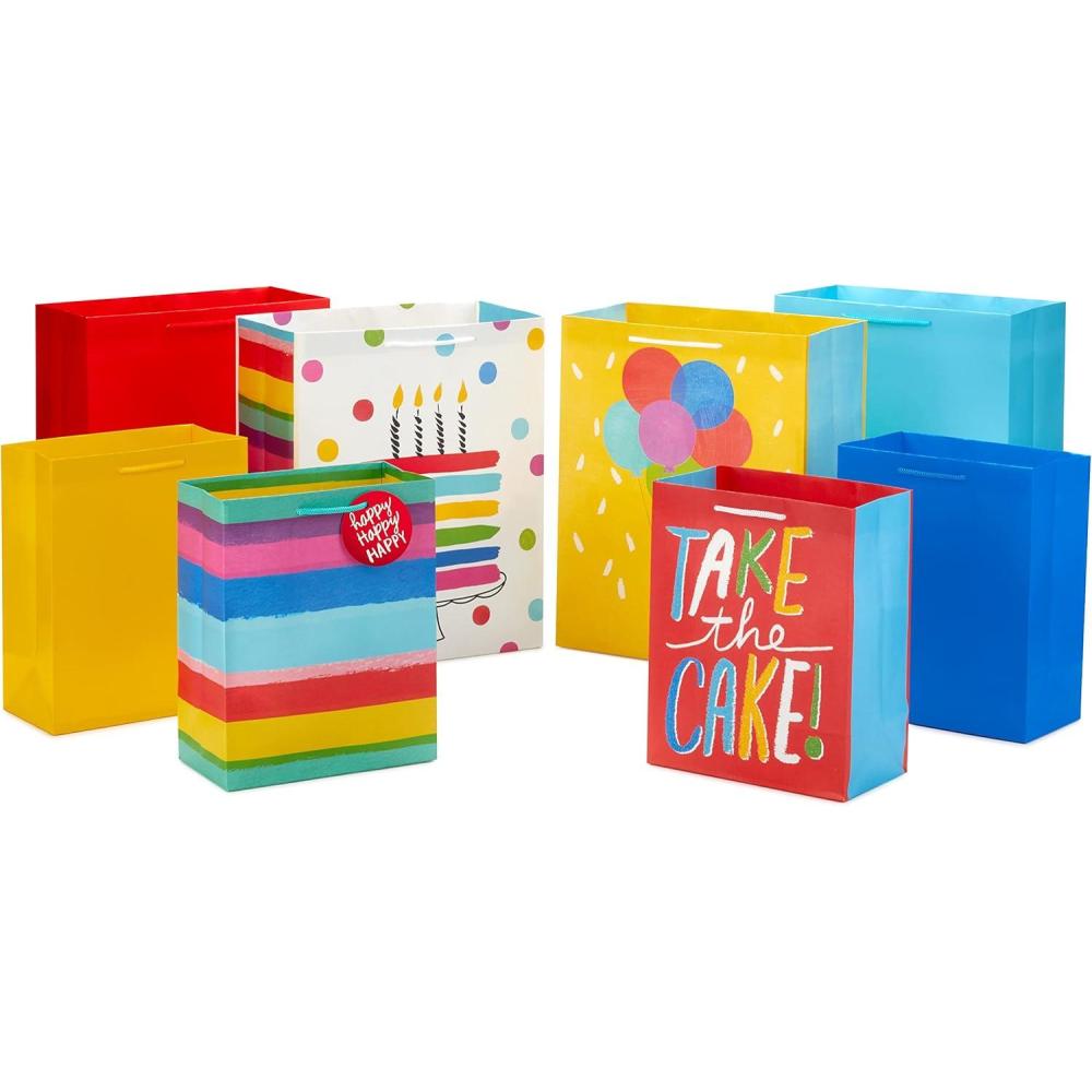 image:imageHallmark Assorted Birthday Gift Bags 8 Bags 4 Medium 9 4 Large 13 Birthday Cake Stripes Balloons Solids in Red Yellow BlueBirthday Cake