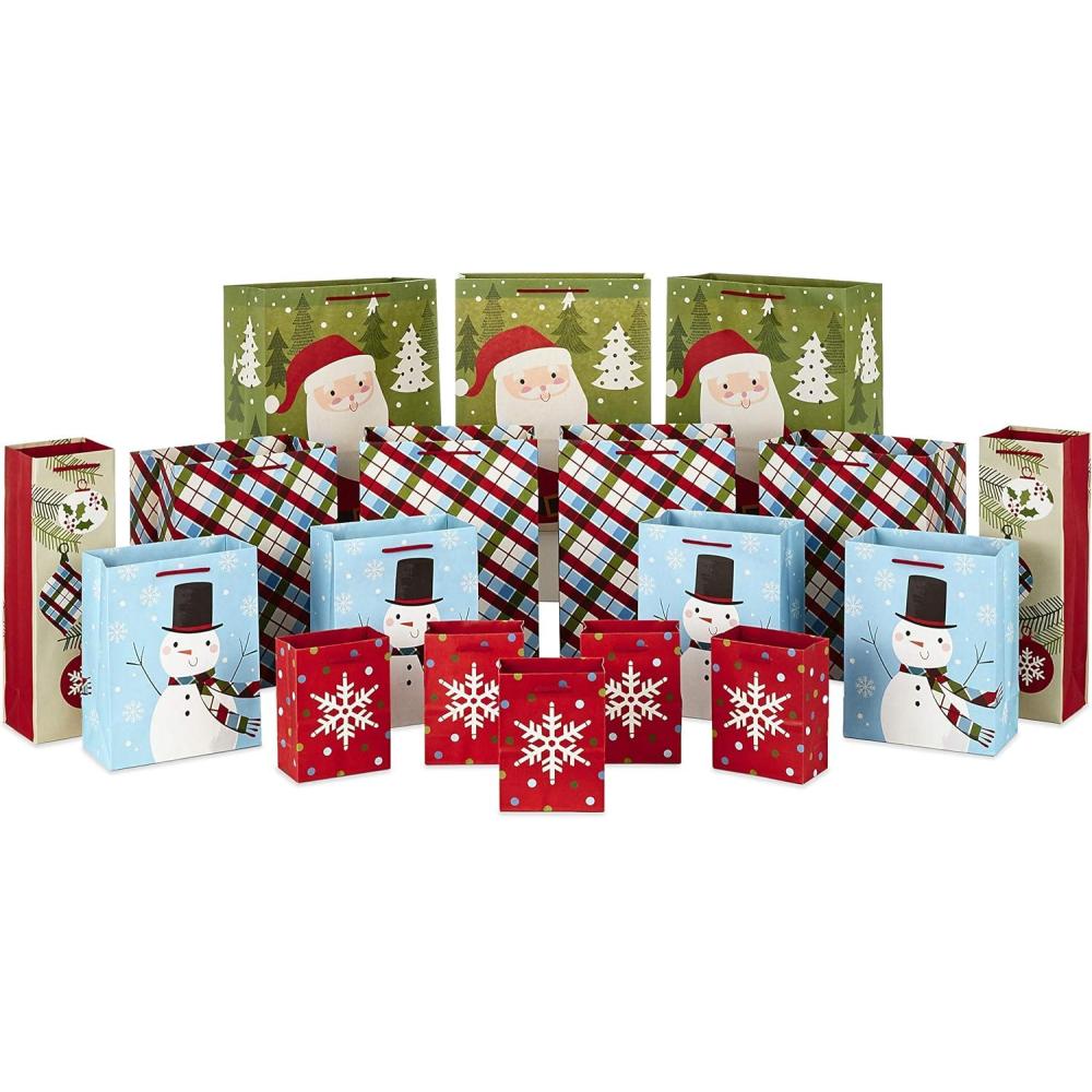 image:imageHallmark Bulk Christmas Gift Bags Assorted Sizes 18 Gift Bags 5 Small 5 4 Medium 8 4 Large 11 3 XL 14 2 Bottle Bags Santa Snowman Plaid Snowflake Bottle Bags