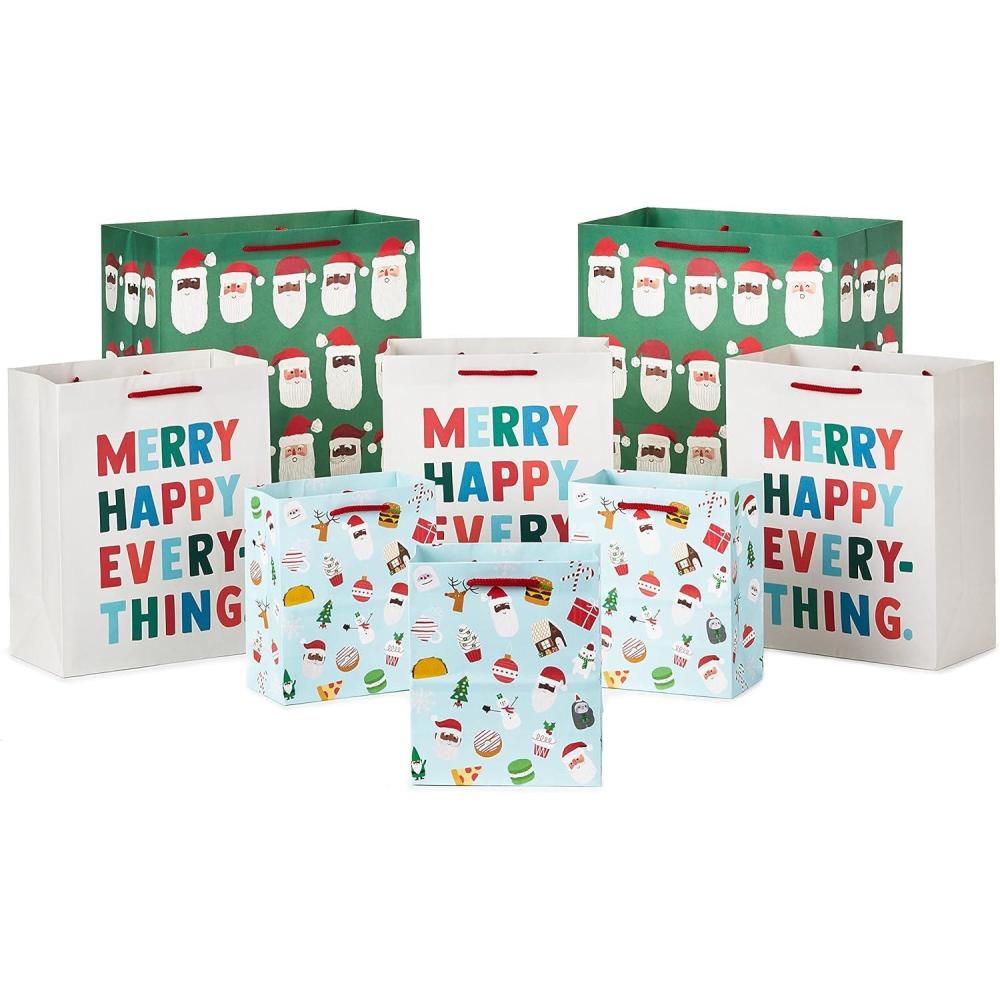 image:imageHallmark Christmas Gift Bag Assortment 8 Holiday Bags 3 Small 6 3 Medium 9 2 Large 13 Multicultural Santa Claus Merry Happy Everything Tacos Donuts Pizza for Kids Teachers Foodies