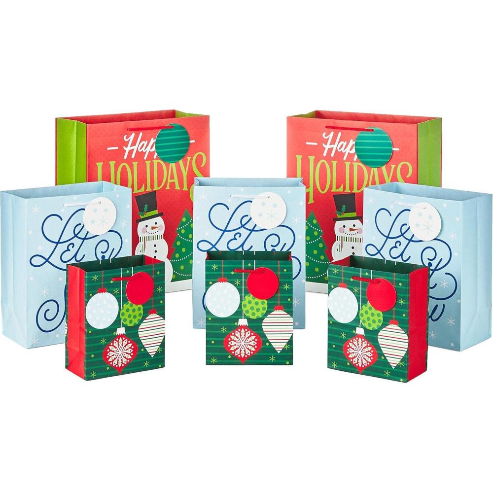 image:imageHallmark Holiday Gift Bag Assortment 8 Gift Bags 3 Small 6 3 Medium 9 2 Large 13 Red Green and Blue Ornaments Let It Snow Happy Holidays with Snowman and Christmas TreesOrnaments  Let it Snow  Snowman