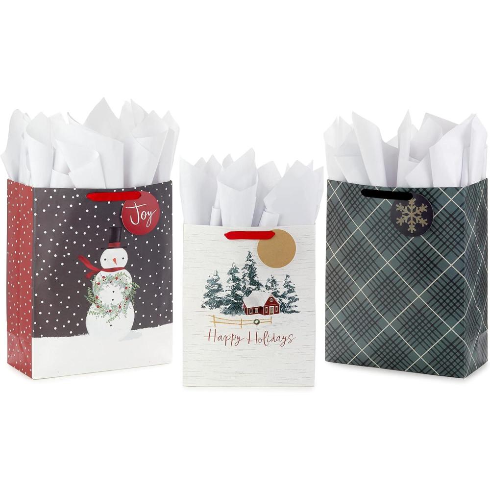 image:imageHallmark Holiday Gift Bag Bundle with Tissue Paper and Gift Tags 3 Bags 2 Extra Large 15 1 Large 13 Gray Plaid Snowy Farmhouse Rustic Snowman
