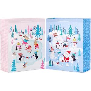 Hallmark 15″ Christmas Gift Bags (2 Extra Large Bags: Pink and Blue, Penguins, Hedgehogs, Santa, Snowmen, Dog, Bunny Rabbits) for Kids, Grandchildren, Winter Baby Showers(Extra Large)