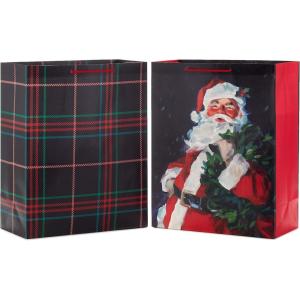 Hallmark 15″ Extra Large Christmas Gift Bag Set (2 Bags: Classic Santa, Black, Red and Green Plaid) for Friends, Family, Teachers, Coworkers(1 Count (Pack of 2))