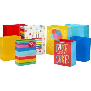Hallmark Assorted Birthday Gift Bags (8 Bags: 4 Medium 9″, 4 Large 13″) Birthday Cake, Stripes, Balloons, Solids in Red, Yellow, Blue(Birthday Cake)