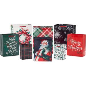Hallmark Assorted Christmas Gift Bag Bundle (8 Bags: 2 Small 5″, 3 Medium 8″, 3 Large 11″) Classic Santa, Black and Red Plaid, Snowflakes, Holly