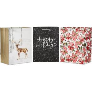 Hallmark 17″ Oversized Holiday Gift Bags (3 Bags: Dark Gray and White Happy Holidays, Winter Deer, Pink Poinsettias) for Christmas, Winter Birthdays, Weddings