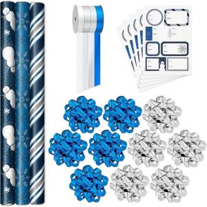Hallmark Navy Blue Christmas Wrapping Paper Set (90 sq. ft. ttl, 10 Bows, 4 Ribbon Colors, 40 Gift Tag Stickers) Snowman, Stripes, Snowflakes, (0005JXW1198)(Navy  White and Silver)