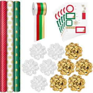 Hallmark Navy Blue Christmas Wrapping Paper Set (90 sq. ft. ttl, 10 Bows, 4 Ribbon Colors, 40 Gift Tag Stickers) Snowman, Stripes, Snowflakes, (0005JXW1198)(Red  Green and Gold)