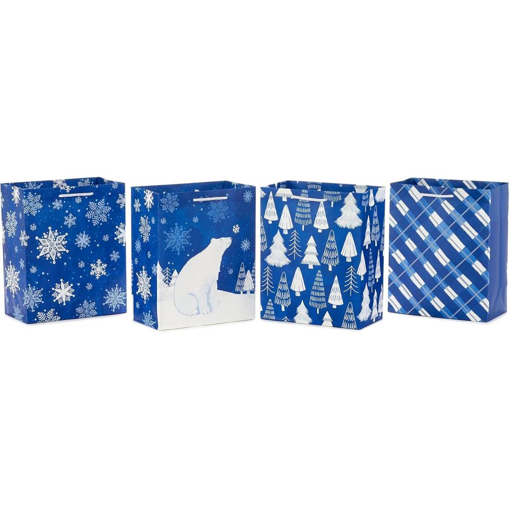 image:imageHallmark 13 Christmas Gift Bags  Snowflakes on Blue Polar Bear Snowy Woodland Scene 3 Large Blue Bags for Holiday Parties Winter Birthdays Baby Showers4 Count Pack of 1