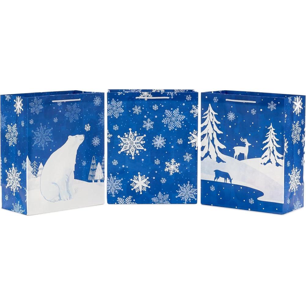 image:imageHallmark 13 Christmas Gift Bags  Snowflakes on Blue Polar Bear Snowy Woodland Scene 3 Large Blue Bags for Holiday Parties Winter Birthdays Baby Showers1 Count Pack of 3