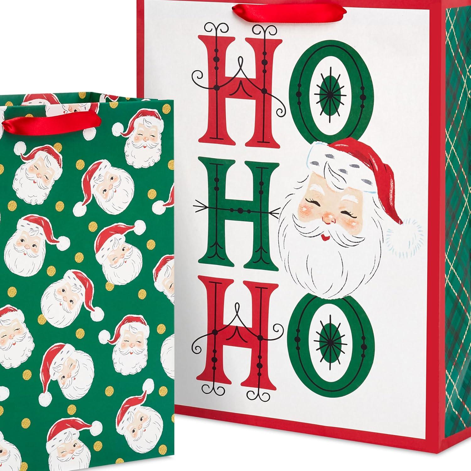 image:imageHallmark Retro Christmas Gift Bag Bundle for Kids 2 Bags 13 Large 15 Extra Large Vintage Santa Ho Ho Ho Green Red and WhiteVintage Santa Ho Ho Ho
