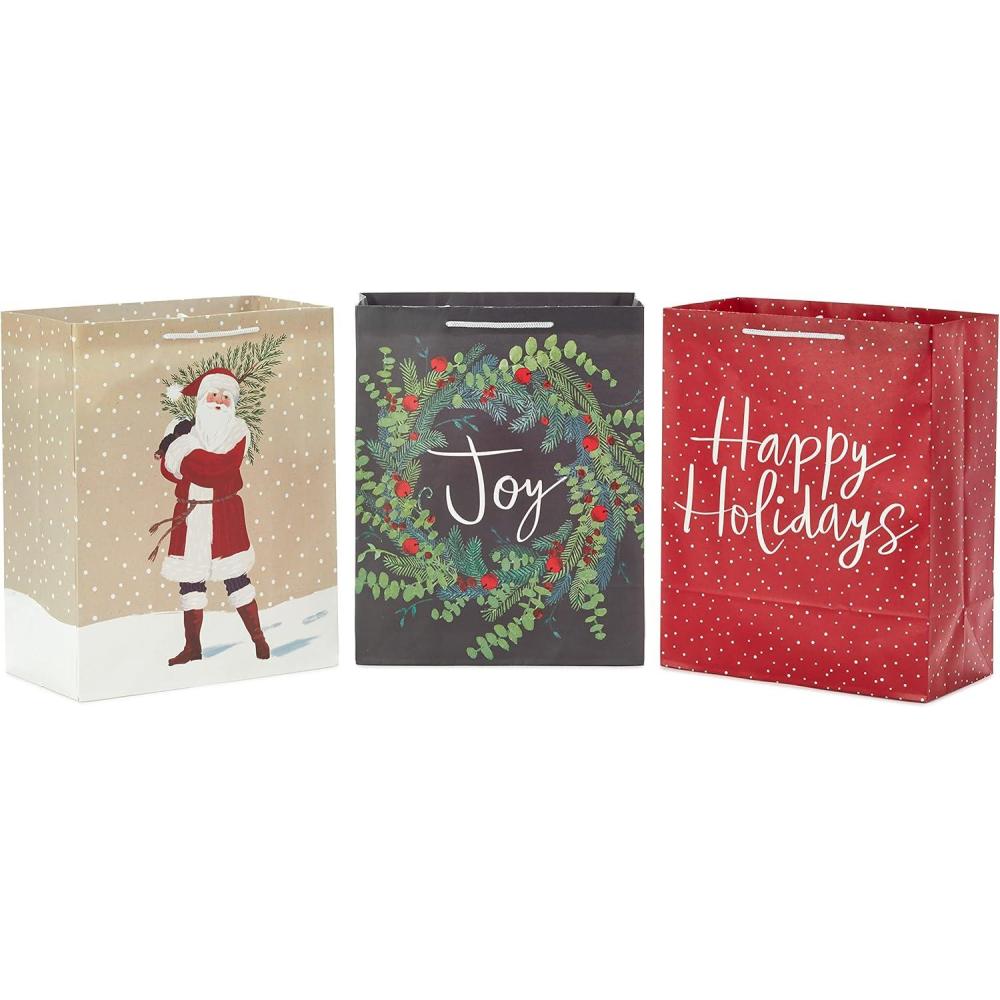 image:imageHallmark 13 Large Christmas Gift Bag Bundle 3 Bags Joy Wreath on Gray Rustic Santa with Tree Happy Holidays on Red for Friends Family Teachers Coworkers1 Count Pack of 3