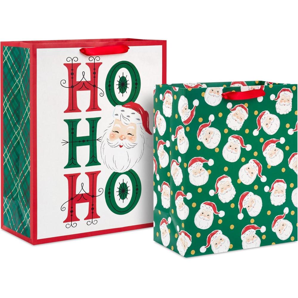 image:imageHallmark Retro Christmas Gift Bag Bundle for Kids 2 Bags 13 Large 15 Extra Large Vintage Santa Ho Ho Ho Green Red and WhiteVintage Santa Ho Ho Ho