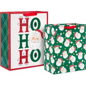 Hallmark Retro Christmas Gift Bag Bundle for Kids (2 Bags: 13″ Large, 15″ Extra Large) Vintage Santa, Ho Ho Ho, Green, Red and White(Vintage Santa  “Ho Ho Ho “)