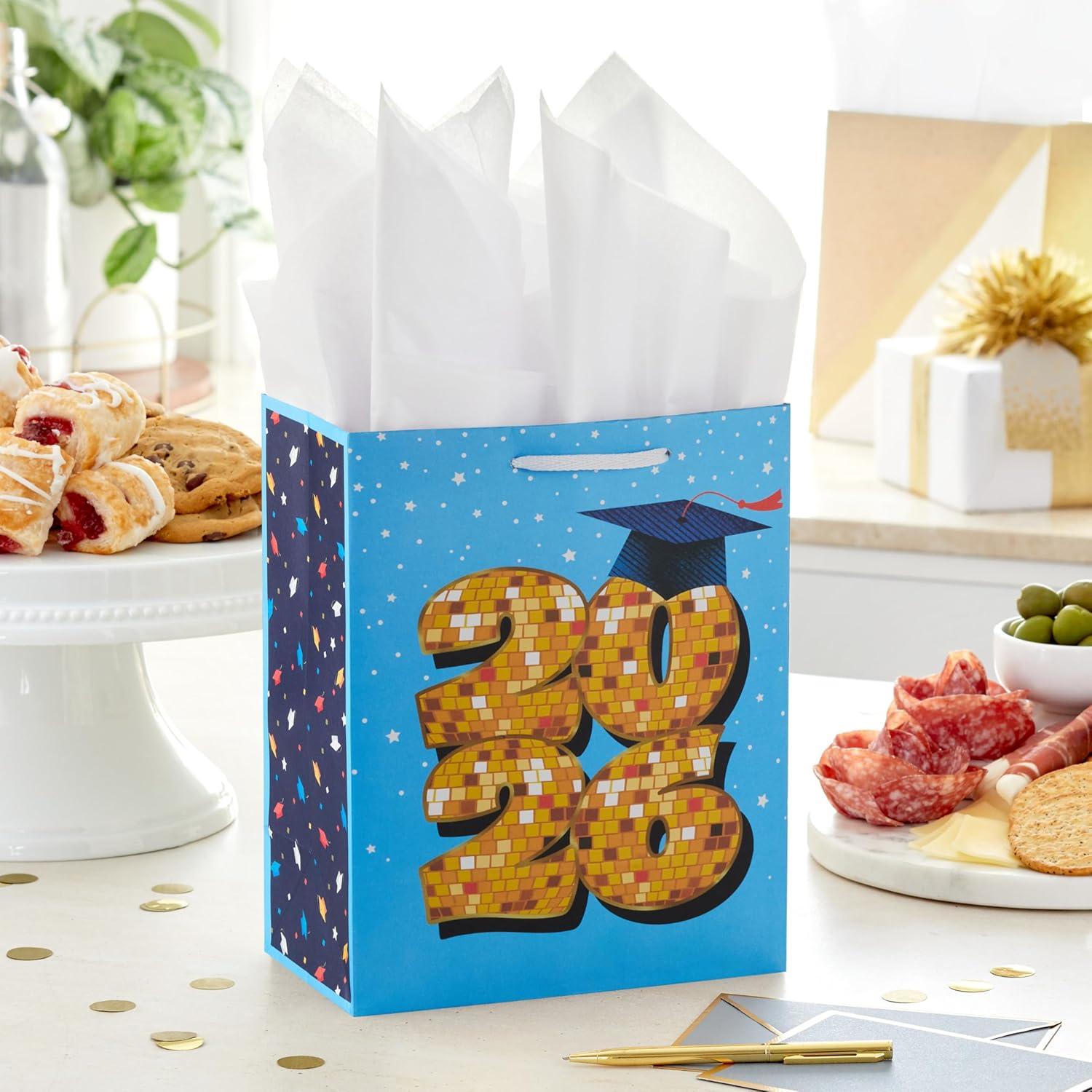 image:imageHallmark 9 Medium YearDated Graduation Gift Bag with Tissue Paper Class of 2026 Gold Disco Ball on Blue with Stars for High School College University