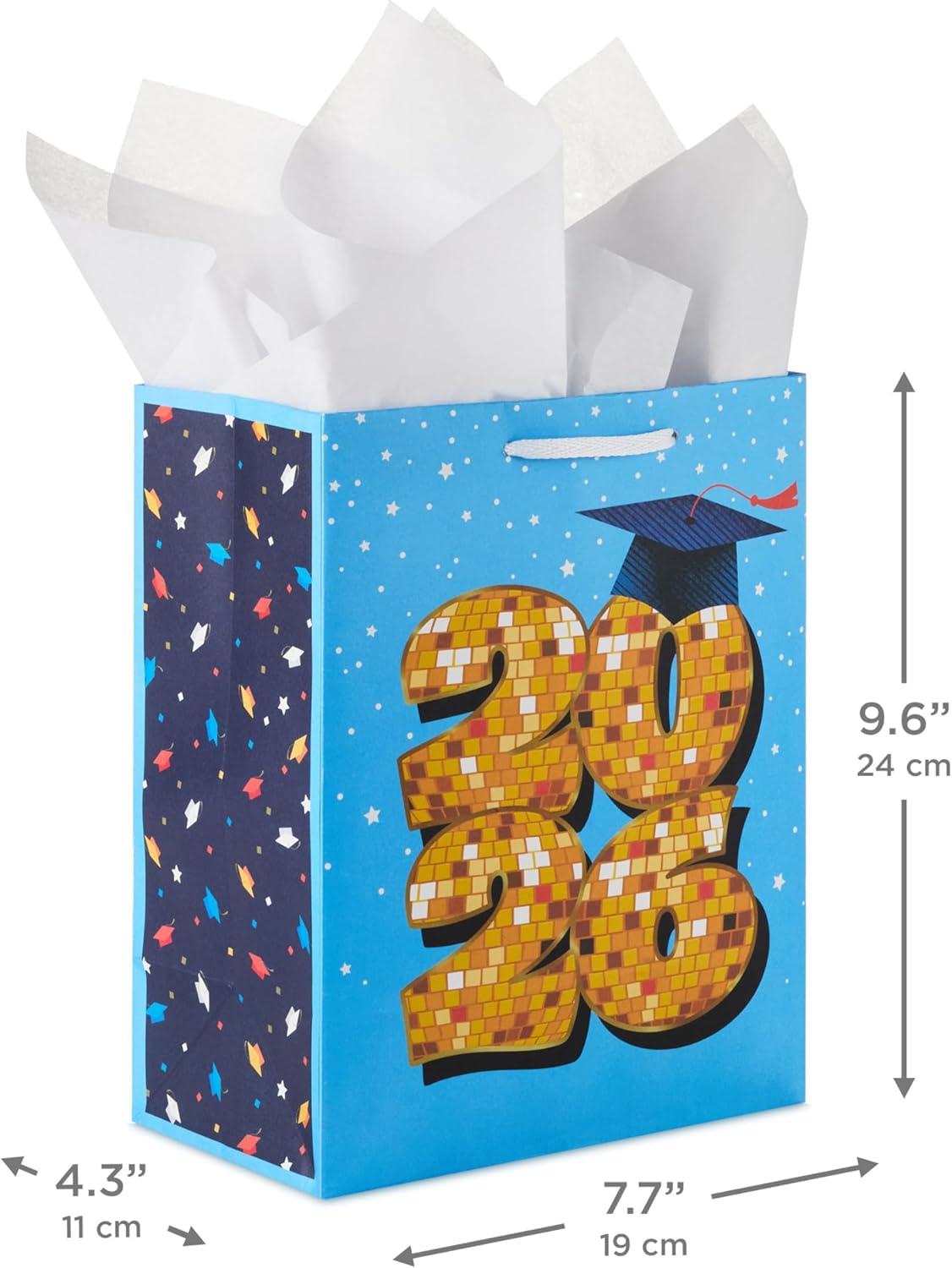 image:imageHallmark 9 Medium YearDated Graduation Gift Bag with Tissue Paper Class of 2026 Gold Disco Ball on Blue with Stars for High School College University