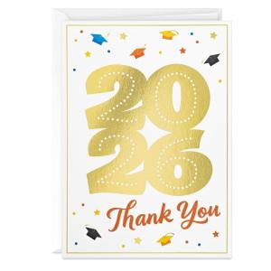 Hallmark Bulk Year-Dated Graduation 2026 Thank You Notes, Colorful Caps and Gold Foil (40 Blank Cards with Envelopes) for High School, College, University
