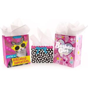 Hallmark 13″ Large Birthday Gift Bags with Tissue Paper (3-Pack: Black and Neon, Rainbow, WooHoo!) for Kids, Adults, Teens, Coworkers(Pink  Yellow)