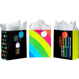 Hallmark 13″ Large Birthday Gift Bags with Tissue Paper (3-Pack: Black and Neon, Rainbow, WooHoo!) for Kids, Adults, Teens, Coworkers(Yellow  Pink  Blue)