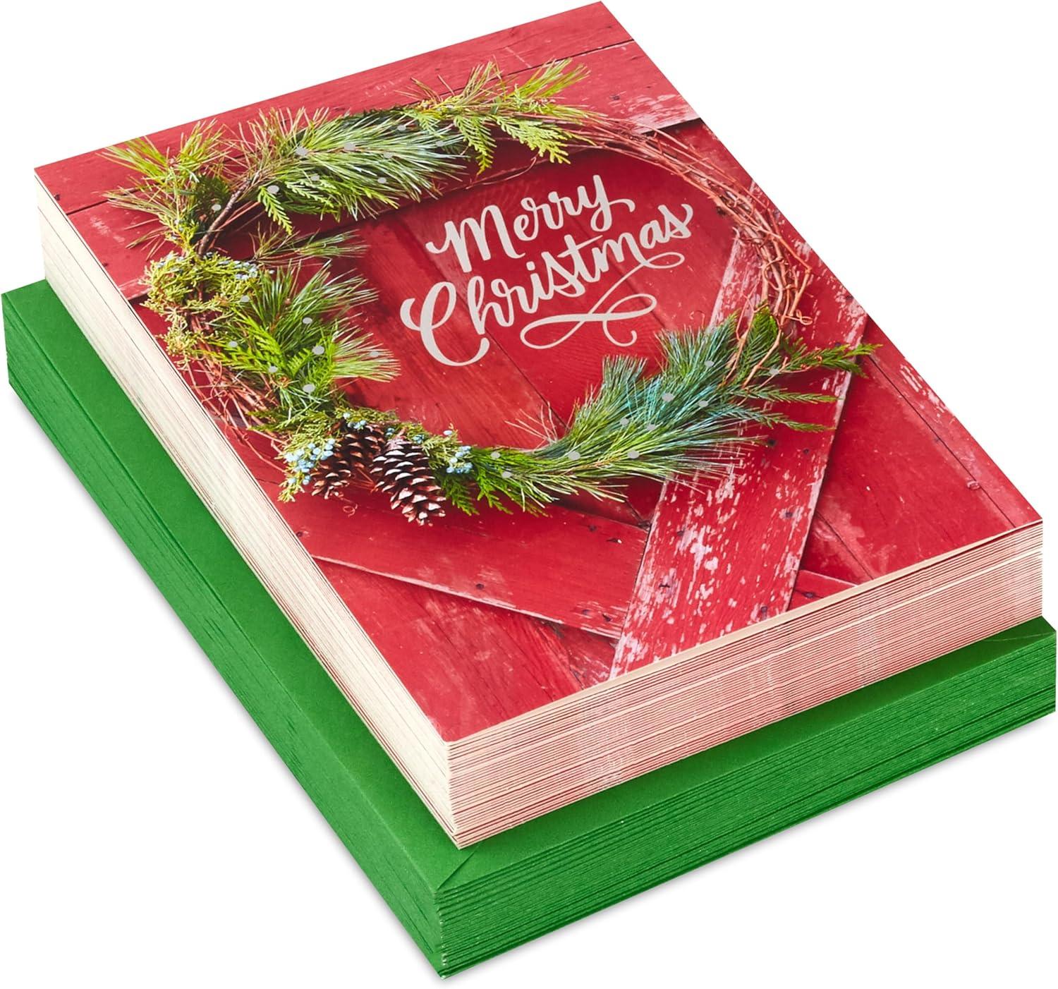 image:imageHallmark Elegant Rustic Christmas Card Assortment 24 Cards and Envelopes Sage Green Charcoal Black Snowmen PeaceBarn Door with Wreath