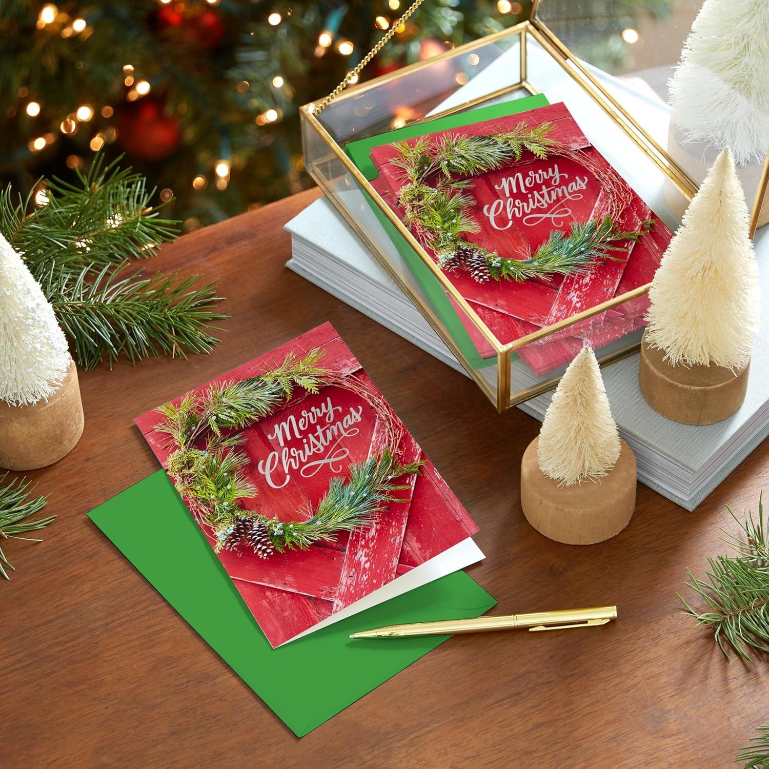 image:imageHallmark Elegant Rustic Christmas Card Assortment 24 Cards and Envelopes Sage Green Charcoal Black Snowmen PeaceBarn Door with Wreath