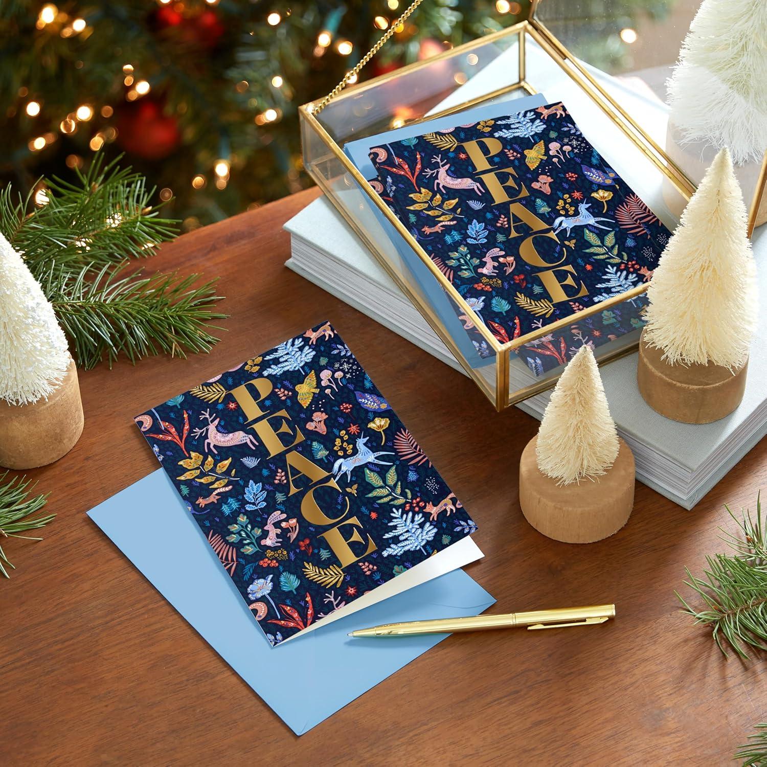 image:imageHallmark Modern Folk Art Holiday Boxed Cards 16 Cards and 16 Envelopes Gold Foil Peace Pink and Blue Flowers and AnimalsPEACE