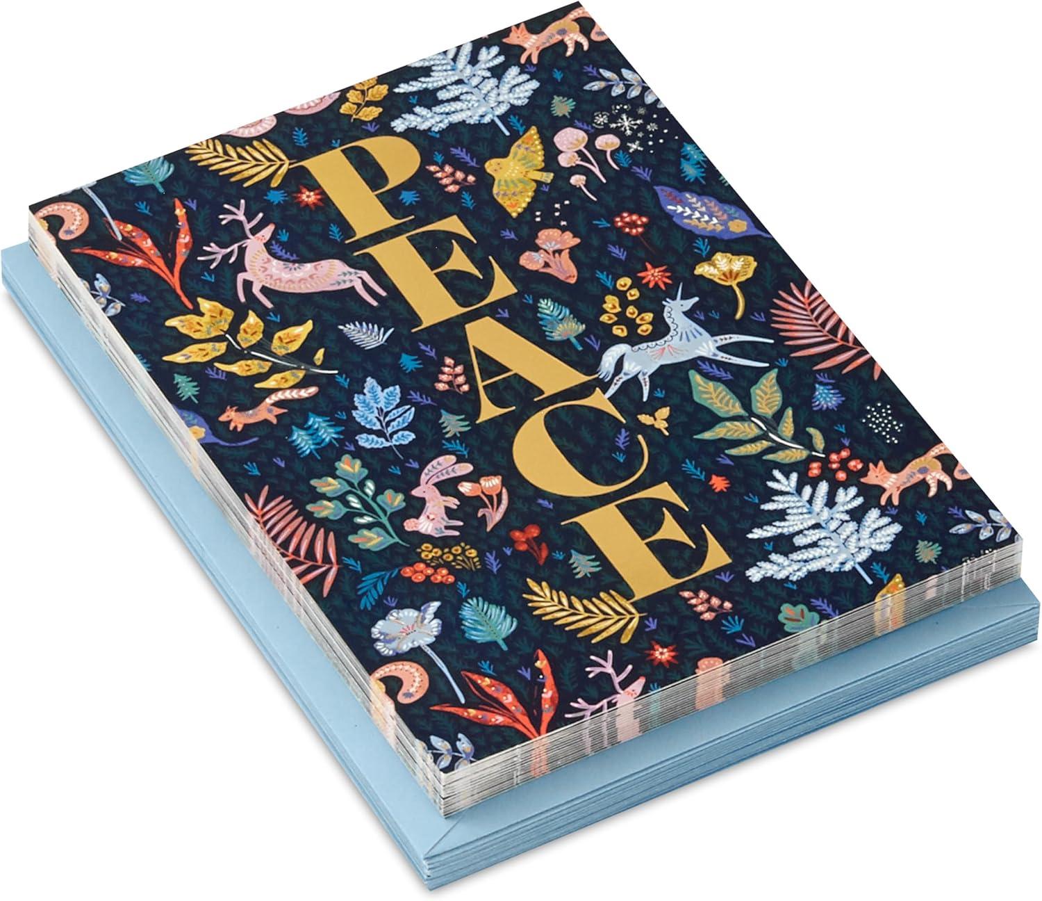 image:imageHallmark Modern Folk Art Holiday Boxed Cards 16 Cards and 16 Envelopes Gold Foil Peace Pink and Blue Flowers and AnimalsPEACE