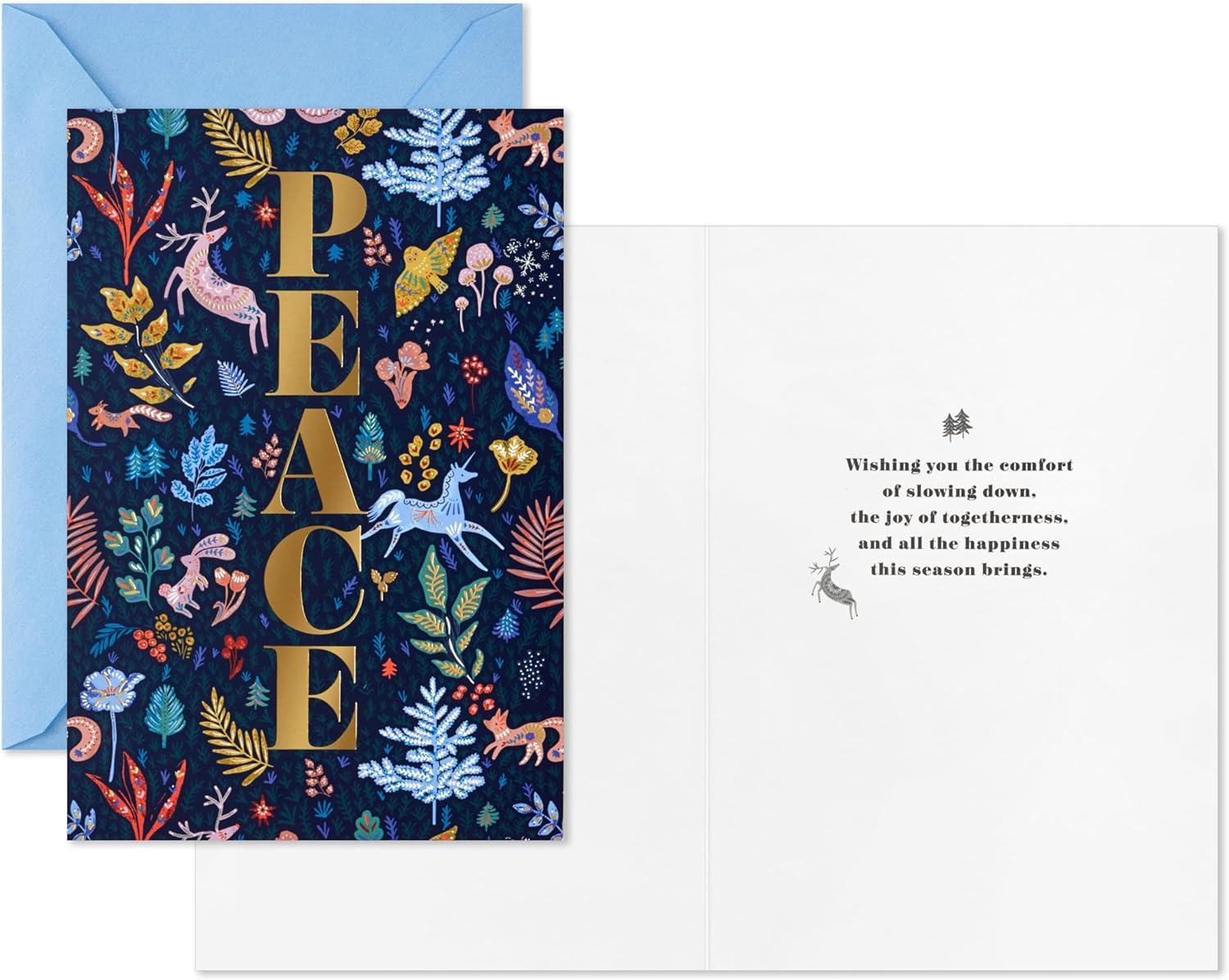 image:imageHallmark Modern Folk Art Holiday Boxed Cards 16 Cards and 16 Envelopes Gold Foil Peace Pink and Blue Flowers and AnimalsPEACE