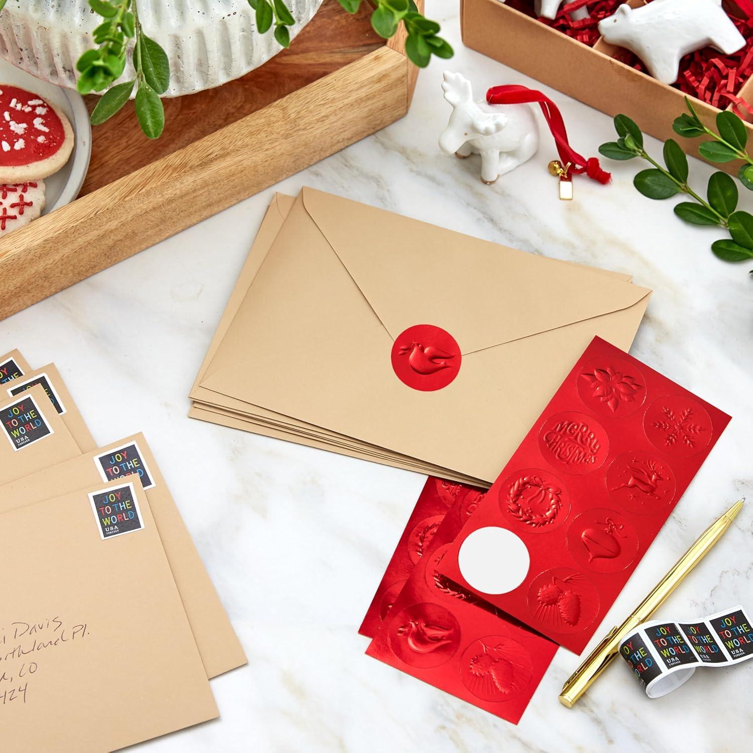 image:imageHallmark Red Foil Holiday Sticker Seals for Envelopes 80 Seals Ornament Wreath Pinecone