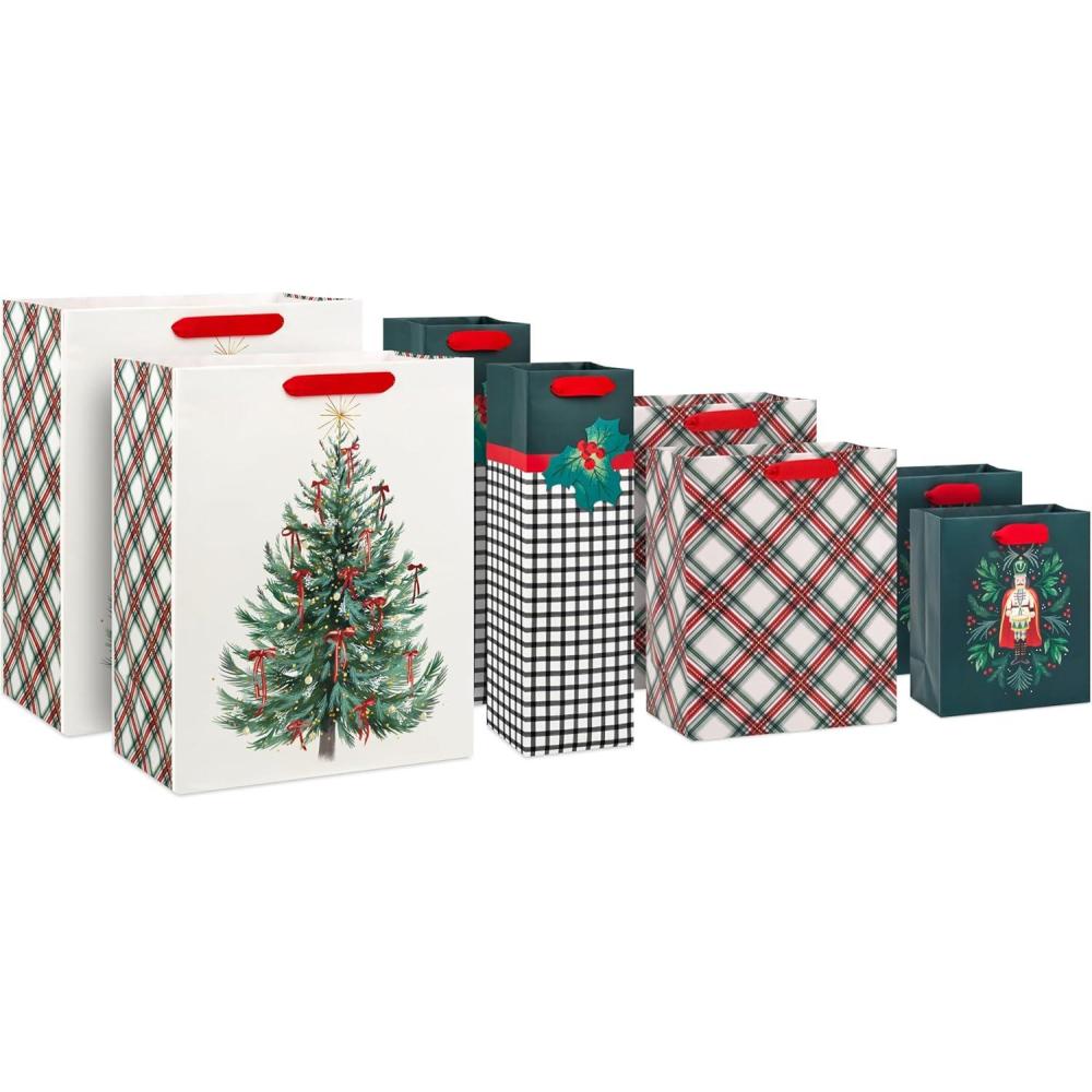 image:imageHallmark Assorted Classic Christmas Gift Bags 8 Bags 2 Small 6 2 Medium 9 2 Large 13 2 Bottle 13 Nutcracker Tree Holly Red and Green Plaid1 count Pack of 8
