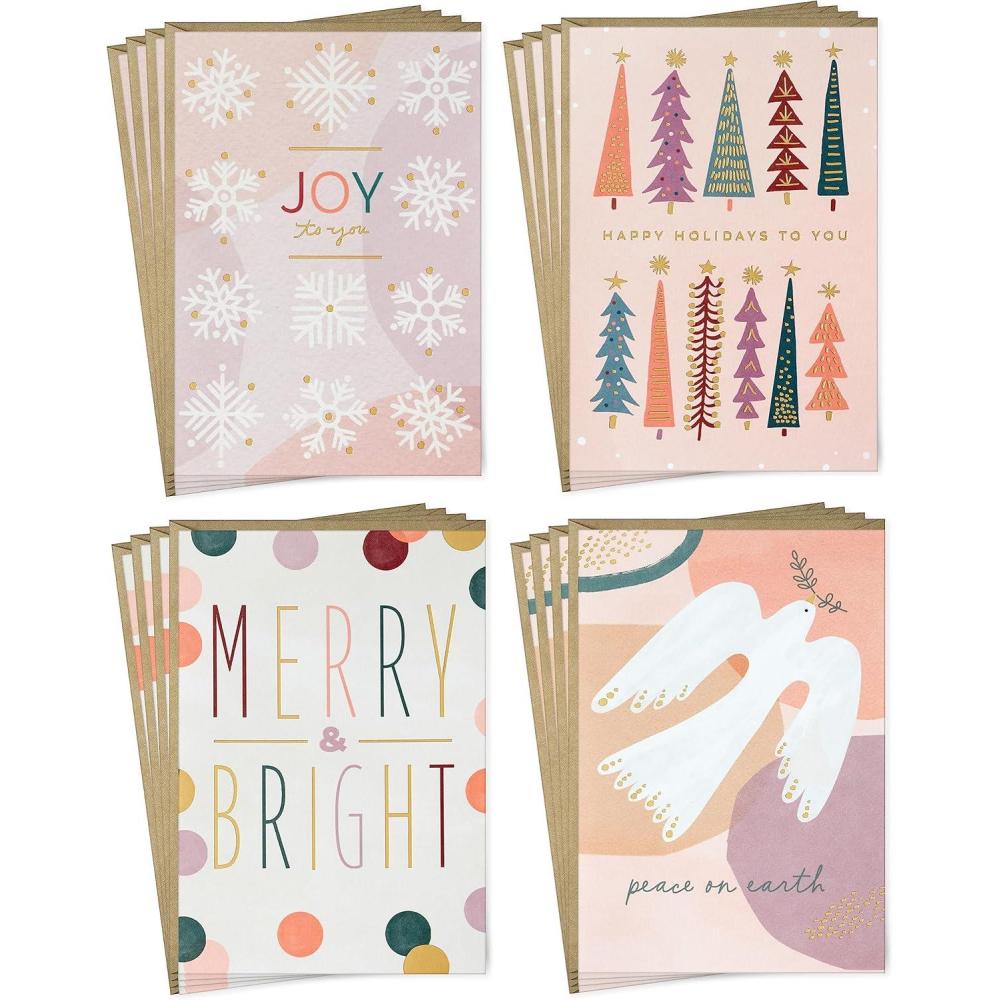 image:imageHallmark Blush Pink Holiday Boxed Cards 16 Cards and 16 Envelopes Gold and Pink Artistic Tree Merry ChristmasMerry Bright