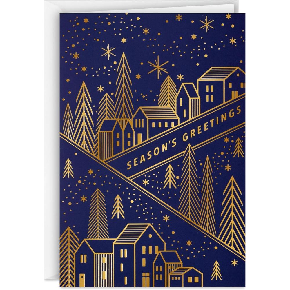 image:imageHallmark Bulk Modern Holiday Boxed Cards 40 Cards and 40 Envelopes Gold Foil Houses and Trees on Navy BlueSeasons Greetings
