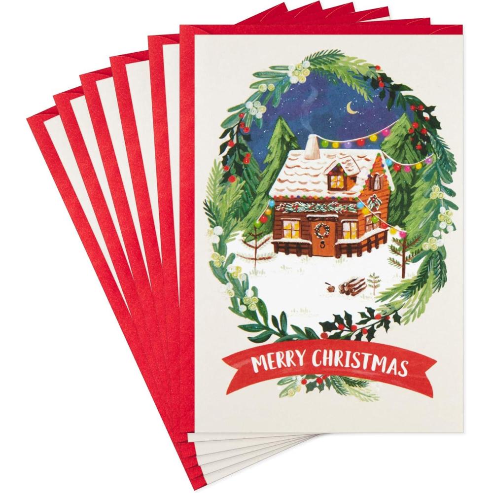 image:imageHallmark Cute Christmas Cards 6 Cards with Envelopes Snowy Cabin