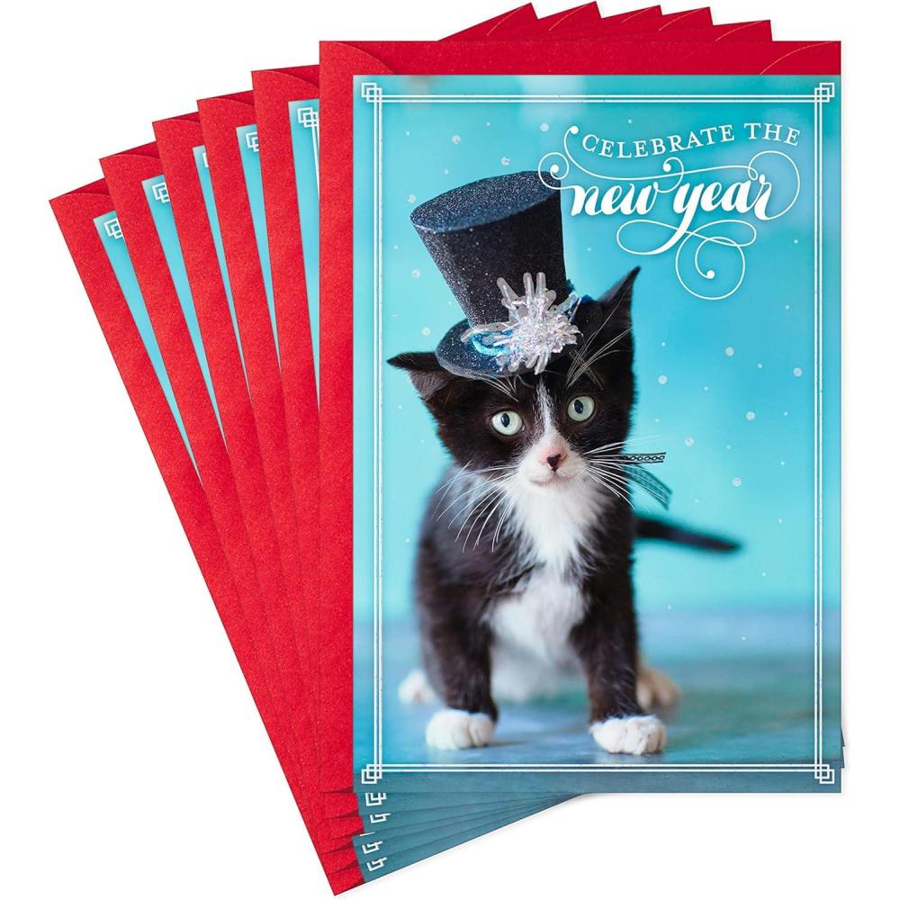 image:imageHallmark Pack of Happy New Years Cards Cat in Top Hat 6 Holiday Cards with Envelopes