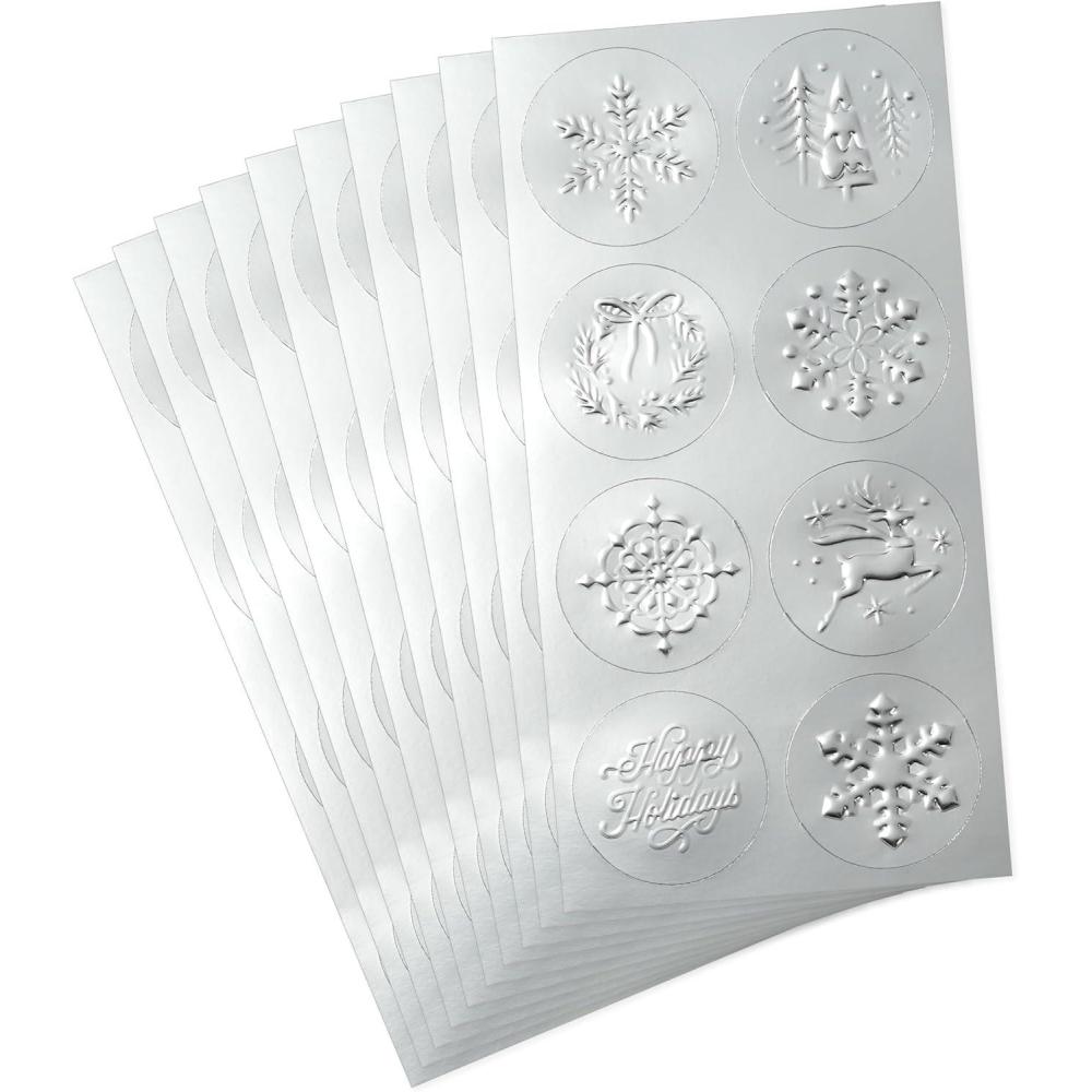 image:imageHallmark Silver Foil Holiday Sticker Seals for Envelopes 80 Seals Snowflakes Trees Reindeer