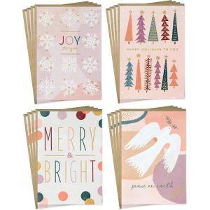 Hallmark Blush Pink Holiday Boxed Cards (16 Cards and 16 Envelopes) Gold and Pink Artistic Tree, Merry Christmas(Merry & Bright)