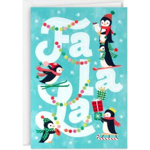 Hallmark Bulk Glittery Holiday Boxed Cards (40 Cards and 40 Envelopes) Fa La La Skiing Penguins, Donut, Pink Garland(Fa La La Skiing Penguins)