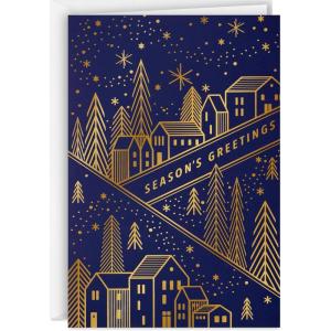 Hallmark Bulk Modern Holiday Boxed Cards (40 Cards and 40 Envelopes) Gold Foil Houses and Trees on Navy Blue(Season’s Greetings)