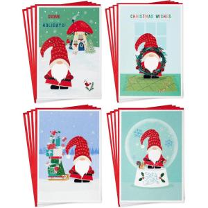 Hallmark Gnome Boxed Christmas Card Assortment (16 Cards and Envelopes) Snow globe, Mushrooms, Wreath, Sled(Gnome Holiday Cards)