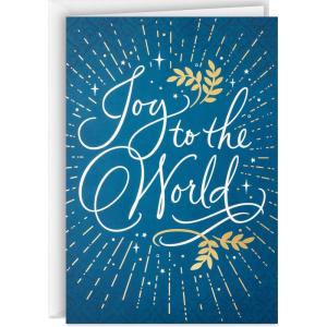 Hallmark Modern Folk Art Holiday Boxed Cards (16 Cards and 16 Envelopes) Gold Foil Peace, Pink and Blue Flowers and Animals(Joy to the World)