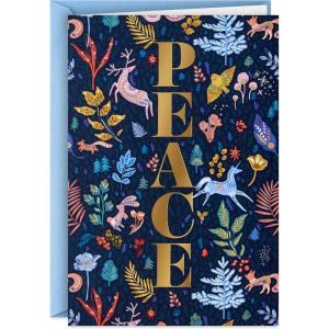 Hallmark Modern Folk Art Holiday Boxed Cards (16 Cards and 16 Envelopes) Gold Foil Peace, Pink and Blue Flowers and Animals(PEACE)