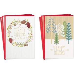 Hallmark Pack of Peanuts Christmas Cards, Ice Skating (10 Cards with Envelopes)(Rustic Wreath  6 Cards with Envelopes)
